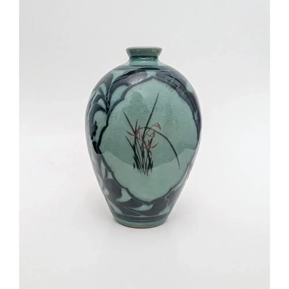 Celadon Green Japanese Cherry Plum Blossom Vase W Crazing Leaf Design 7.5
